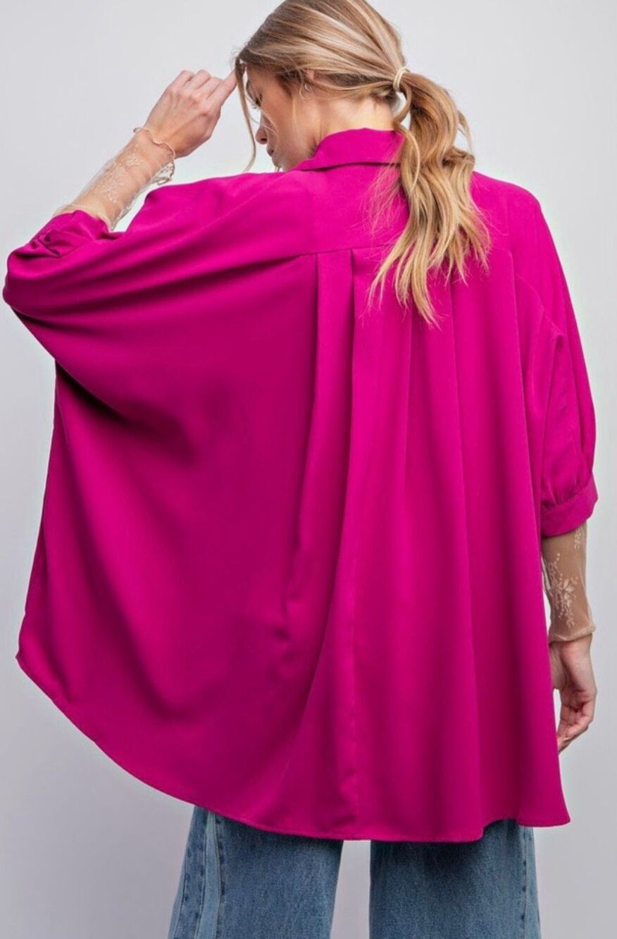 Easel Magenta Button Down 3/4 Sleeve Oversized Shirt Size S
